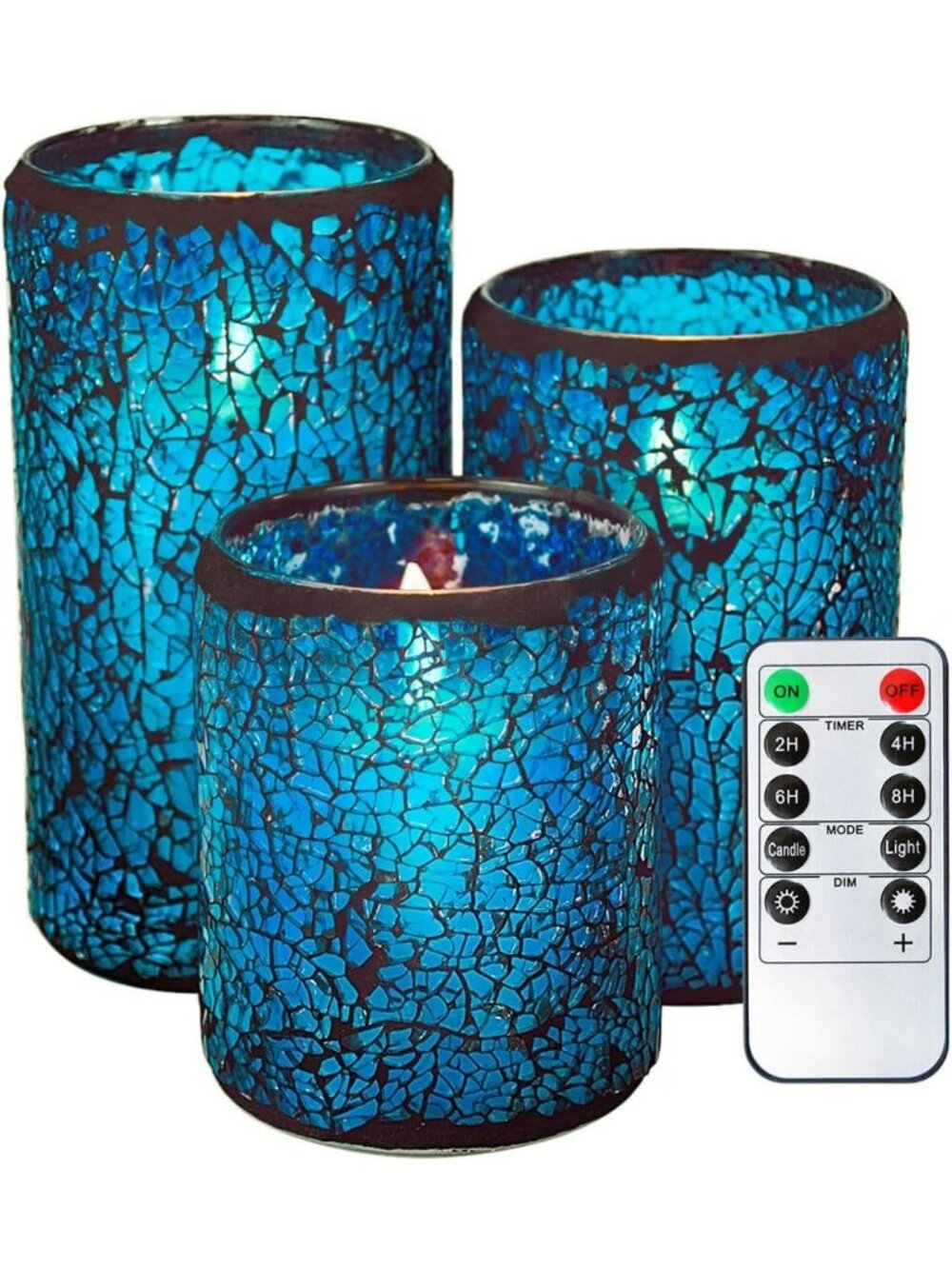 Set of 3 Blue Mosaic LED Flameless Pillar Candles - Cracked Glass Decor